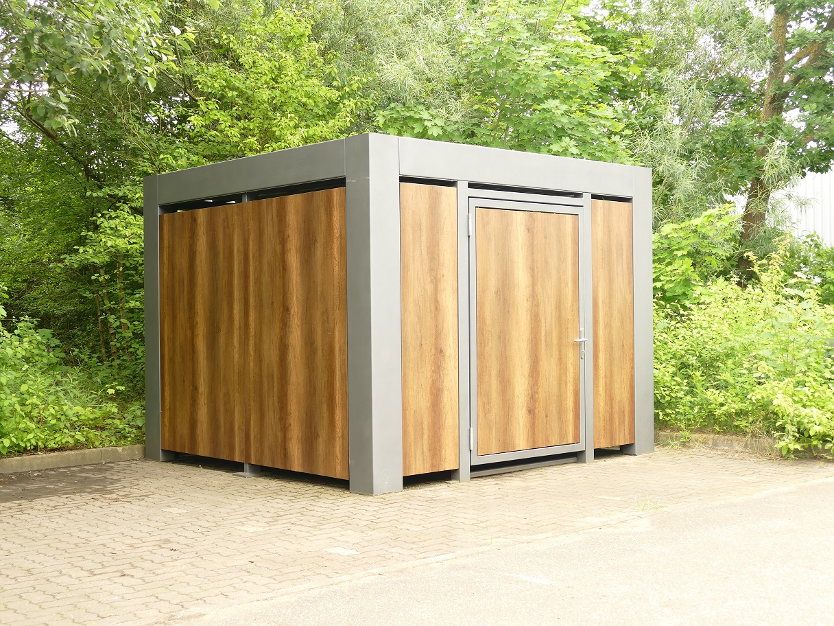 KUBUS 317 Fahrradhaus Frontansicht – modulare Fahrradgarage mit Vertica Spin